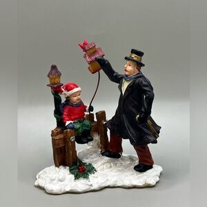 Victorian Christmas Villagers figurine Father w/ Child and birdhouse